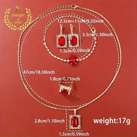 Red Square Quartz Watch PU Leather Strap Zinc Alloy Pointer Zinc Alloy Case And Square Rhinestone Bracelet Necklace Earrings Ring