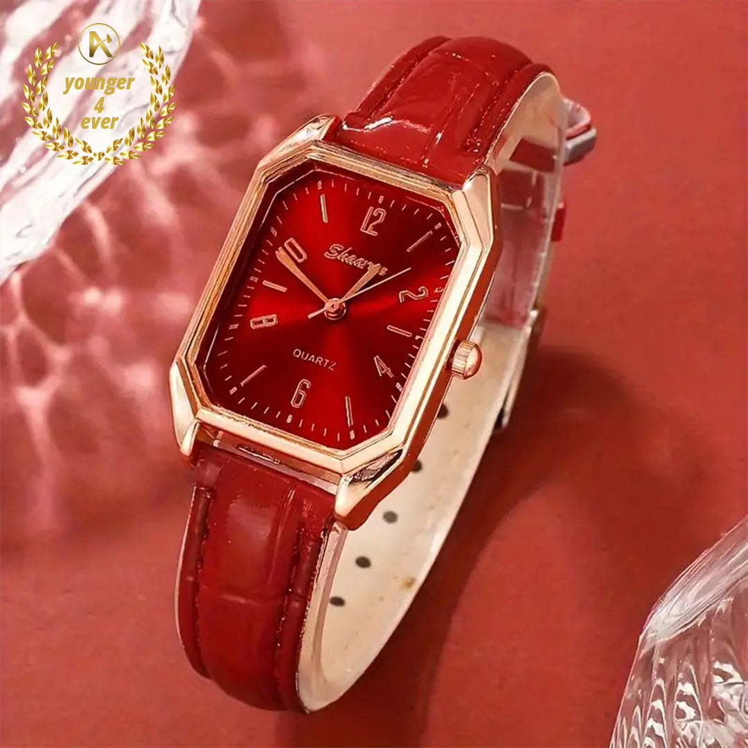 Red Square Quartz Watch PU Leather Strap Zinc Alloy Pointer Zinc Alloy Case And Square Rhinestone Bracelet Necklace Earrings Ring
