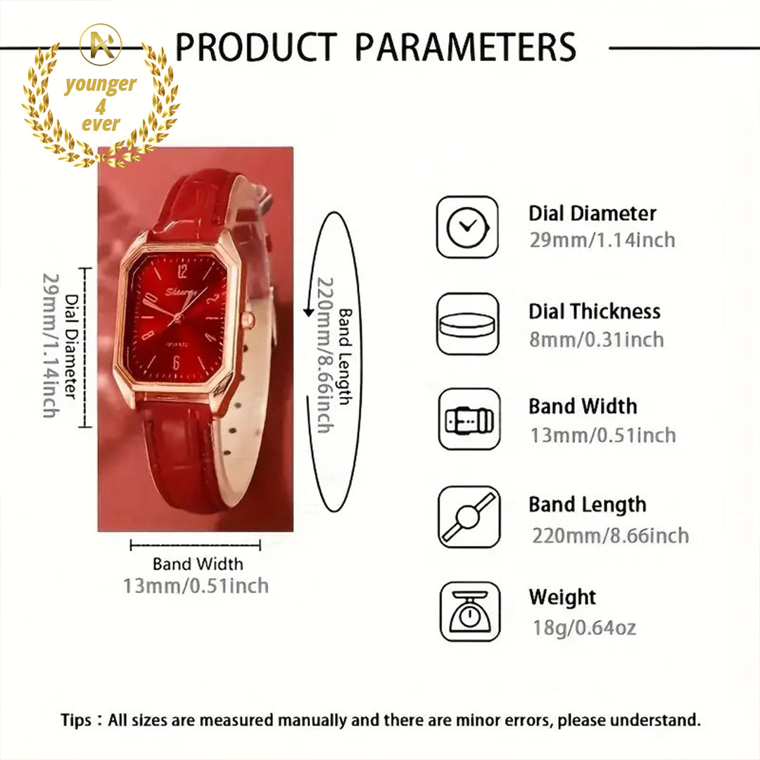 Red Square Quartz Watch PU Leather Strap Zinc Alloy Pointer Zinc Alloy Case And Square Rhinestone Bracelet Necklace Earrings Ring