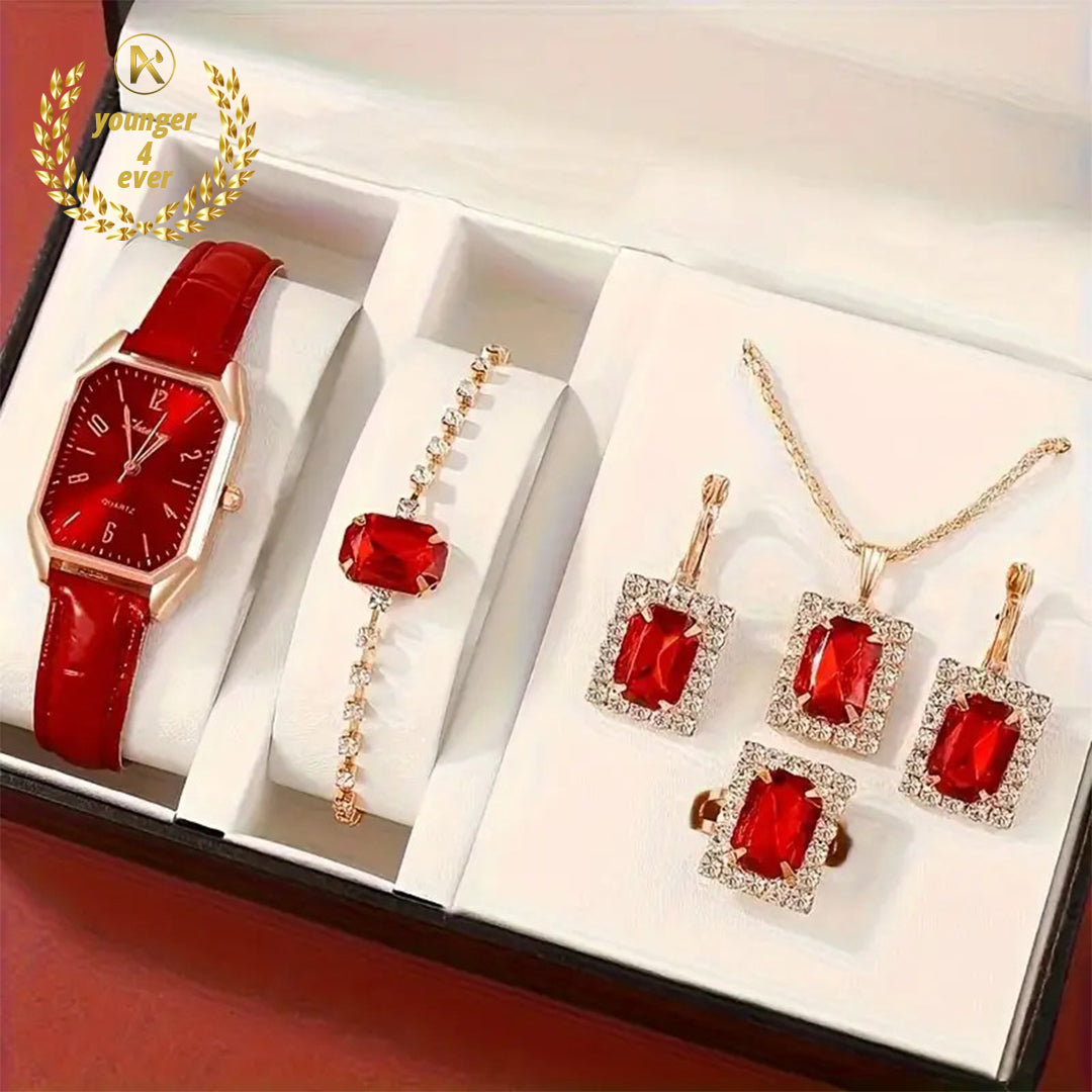 Red Square Quartz Watch PU Leather Strap Zinc Alloy Pointer Zinc Alloy Case And Square Rhinestone Bracelet Necklace Earrings Ring