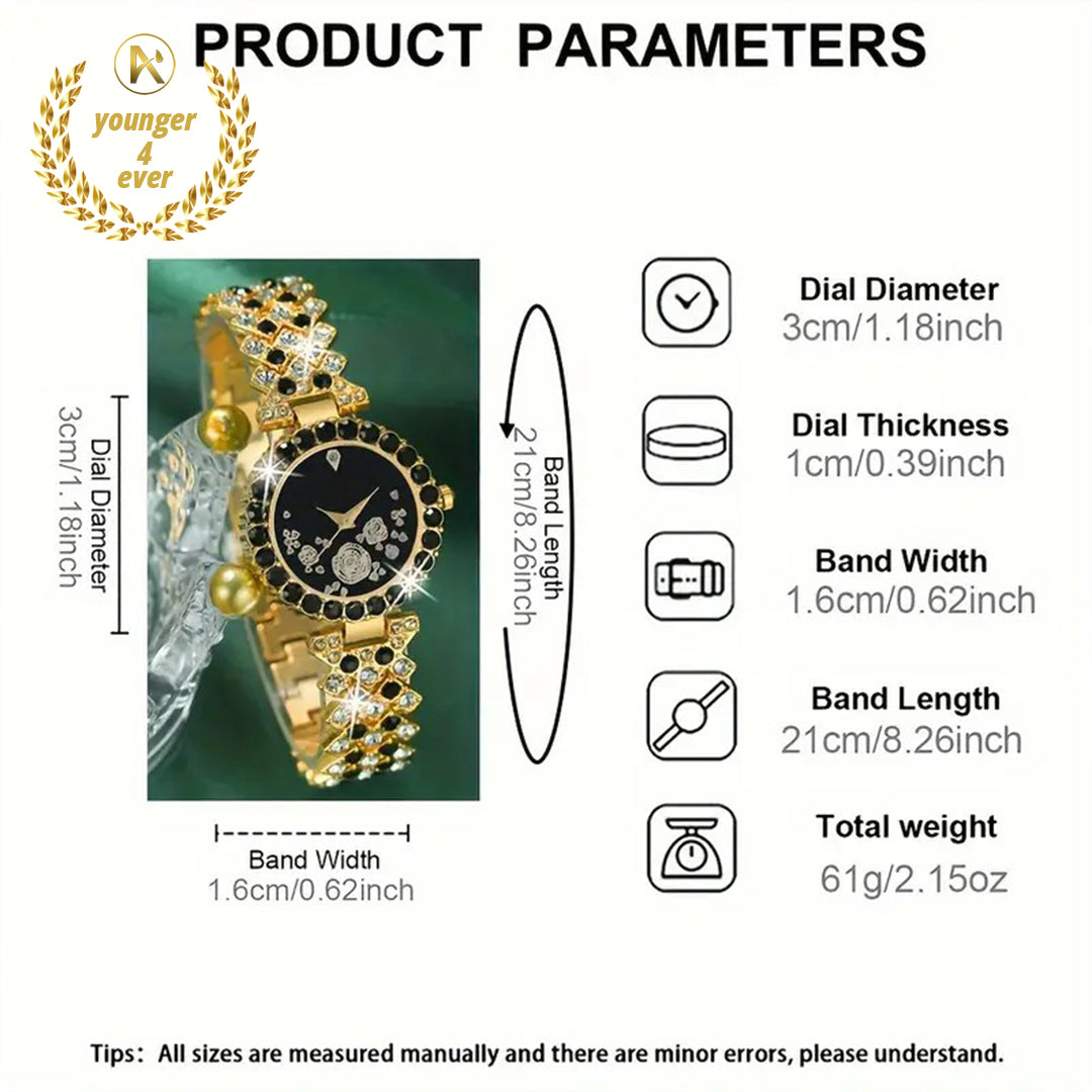 Luxury Black Round Rhinestone Quartz Watch Set