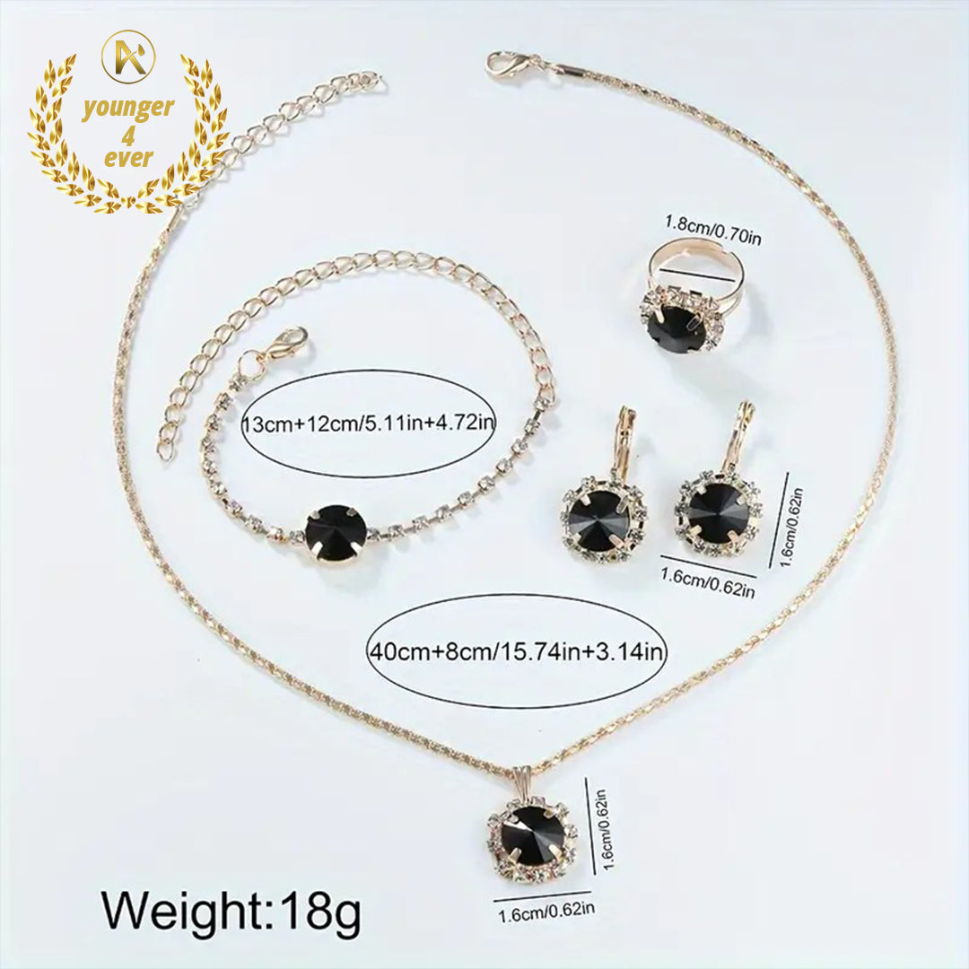 Luxury Black Round Rhinestone Quartz Watch Set