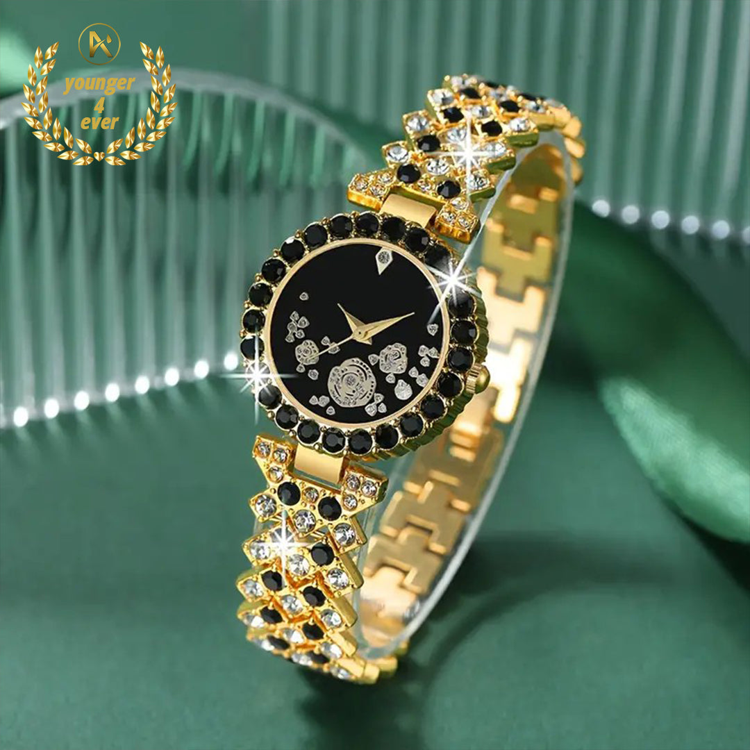 Luxury Black Round Rhinestone Quartz Watch Set