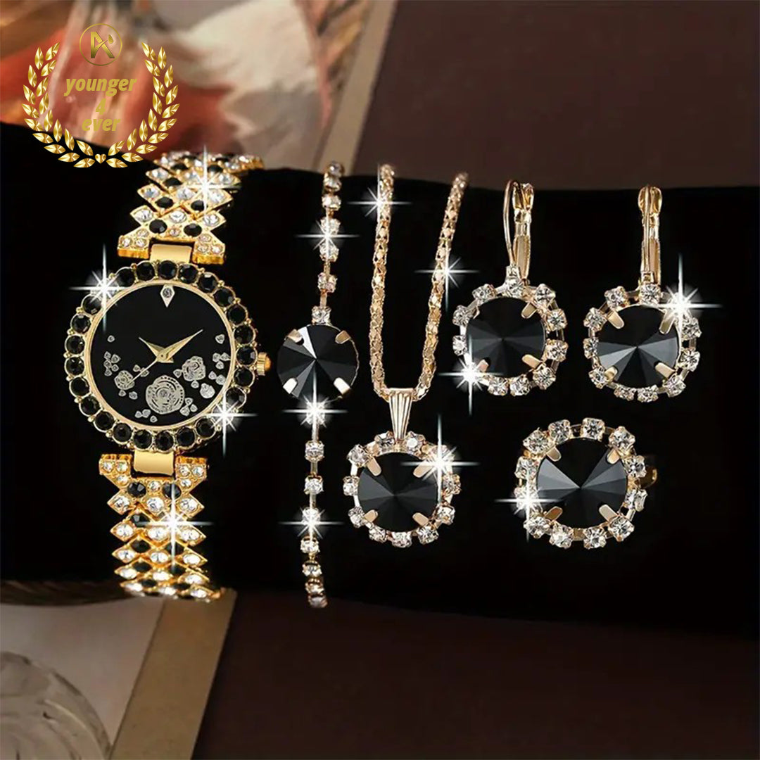 Luxury Black Round Rhinestone Quartz Watch Set
