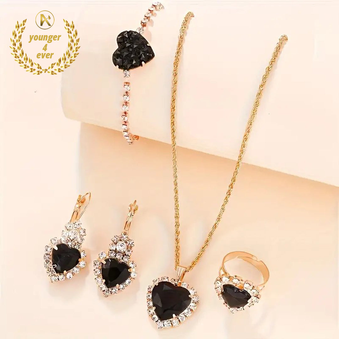 Luxury Heart Jewelry Set Sparkling Elegant Style Ring Earrings Necklace Set