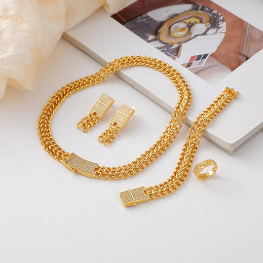 24K Gold Plated Miami Cuban Chain Necklace Set of Four Micropaved Rectangular Cubic Zirconia Cuban Chain Hip Hop Jewelry
