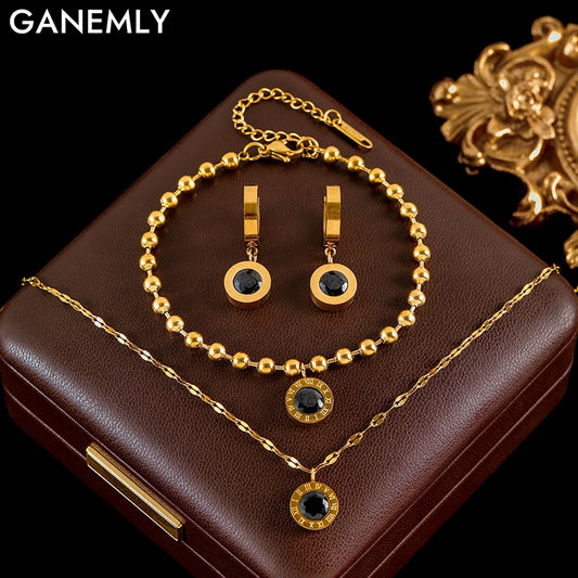 Roman Black Zircon Necklace Bracelet Earrings Set for Women 316L Stainless Steel Hypoallergenic Waterproof Jewelry Gift (145)