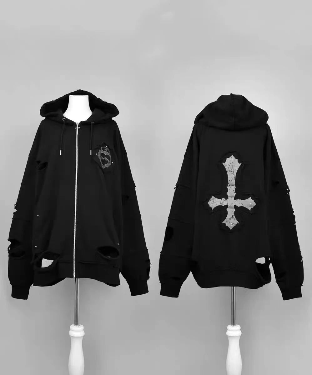 Japanese Mine Cross Embroidery Retro Subculture Ripped Hoodies Women Goth Punk Style Oversized Hoodie Sweet Cool Y2K Sweatshirt