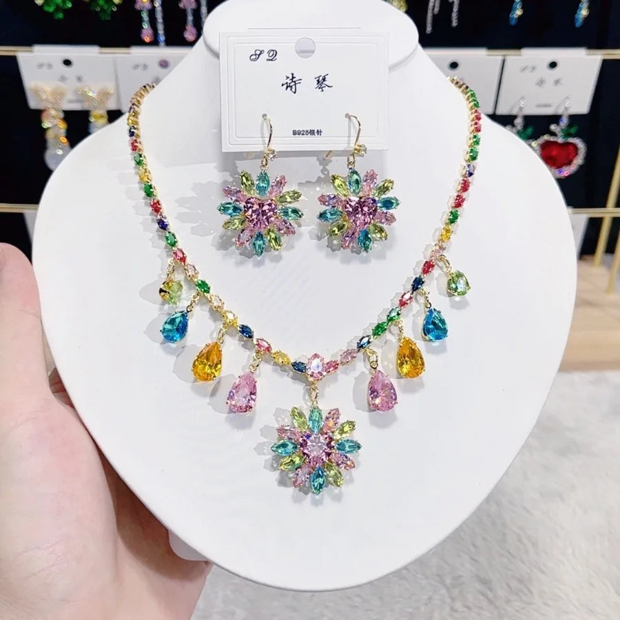 Women Colorful Fashion Zircon Necklace Earrings 2024 (89)