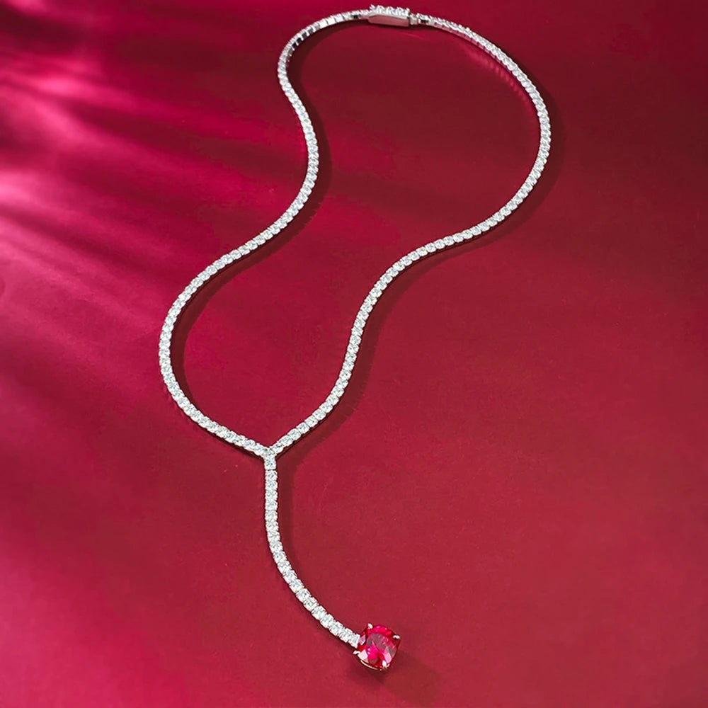 Vintage 100% 925 Sterling Silver 8*8 MM Ruby High Carbon Diamond Gems Tennis Chain Necklace Pendant Jewelry for Women (097)