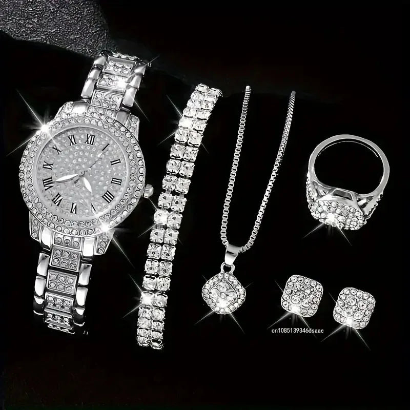 5Pcs Women Rhinestone Watch Fashion Ladies Quartz Wristwatch with Bracelet Necklace Wedding Jewelry for Gift (119)
