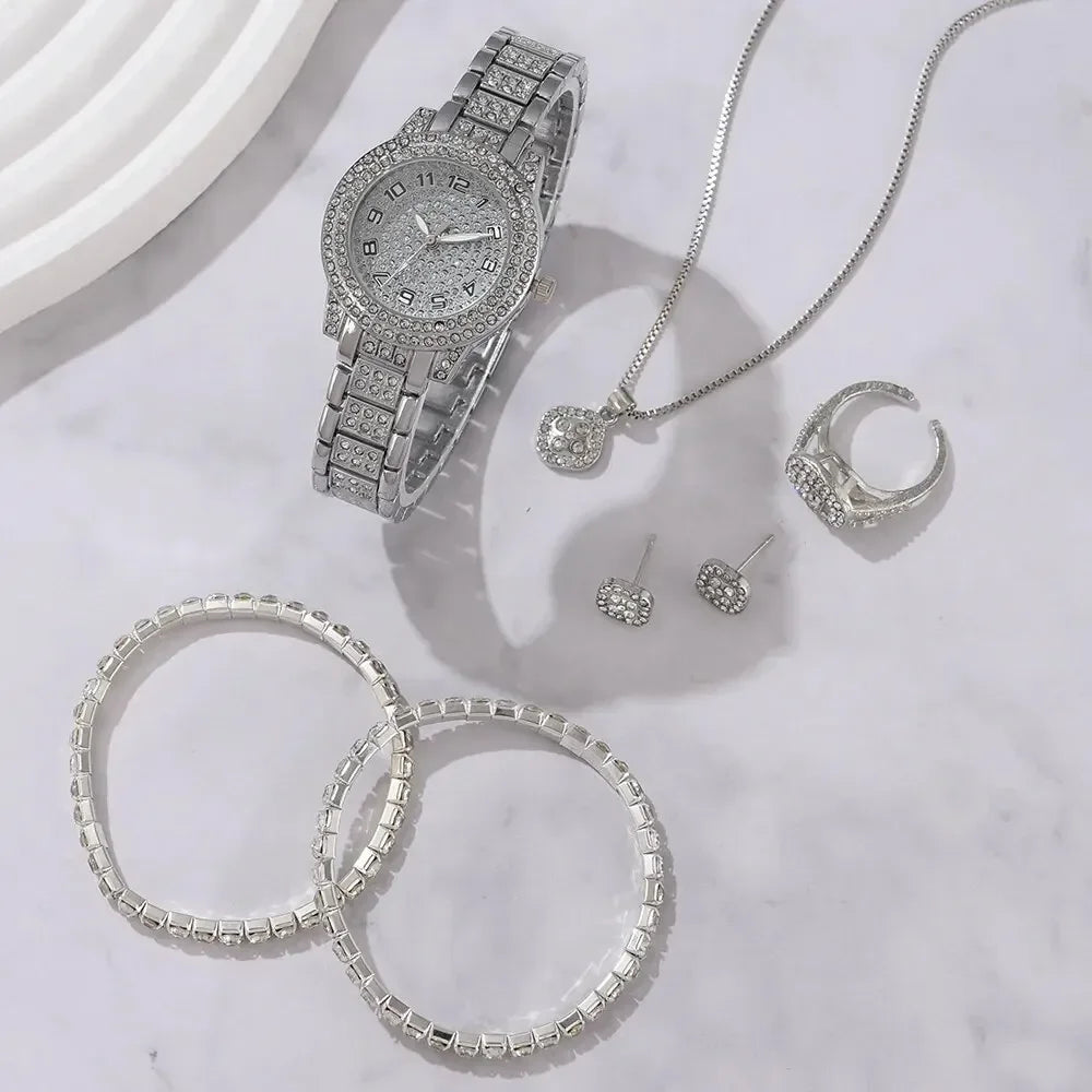 6Pcs/Set Women Watch Luxury Elegant Alloy Watch Crystal Wristwatch for Ladies Gift Quartz Watch Alloy Rhinestone Bracelet (133)