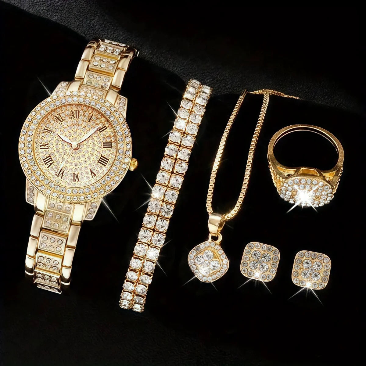 6Pcs/Set Women Watch Luxury Elegant Alloy Watch Crystal Wristwatch for Ladies Gift Quartz Watch Alloy Rhinestone Bracelet (133)