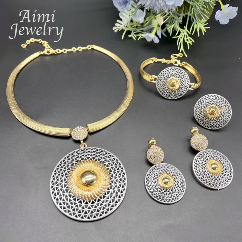 Large round Pendant 18K Gold Plated Jewelry Set for Women Necklace Earrings Bracelet Ring African Bridal Wedding Party Gifts (125)