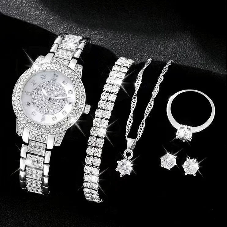 6Pcs/Set Women Watch Luxury Elegant Alloy Watch Crystal Wristwatch for Ladies Gift Quartz Watch Alloy Rhinestone Bracelet (133)