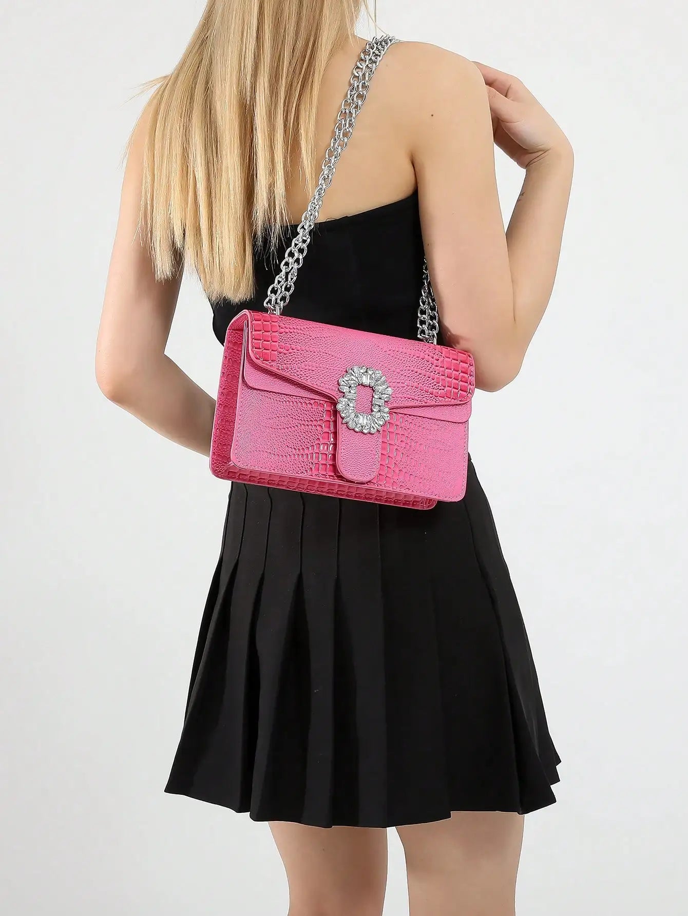 Crocodile Embossed Shoulder Bags for Women Flap PU Leather Fashion Rhinestone Decor Small Square Crossbody Bag Designer Handbag (016)