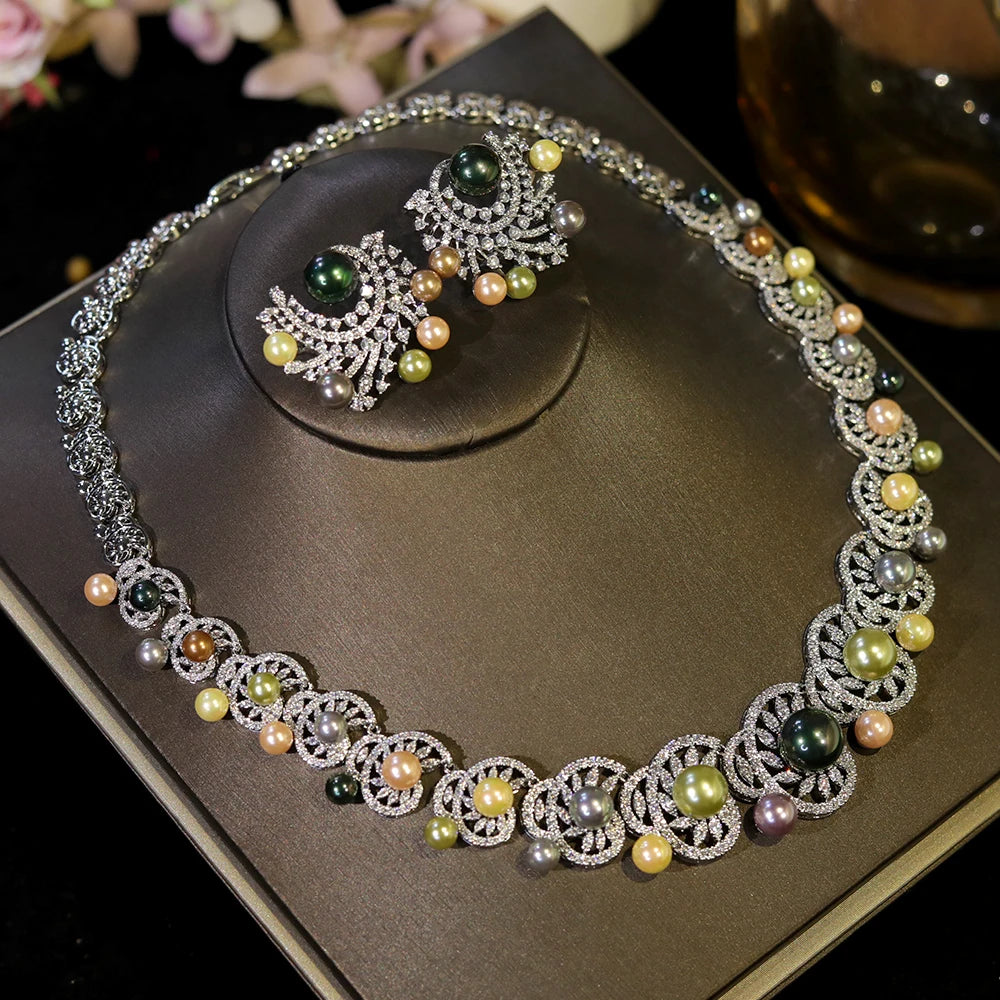 White Cubic Zirconia Luxury Choker Heptacolor Big Pearl Necklace Wedding Bridal Party Jewelry Sets for Women X0538 (058)