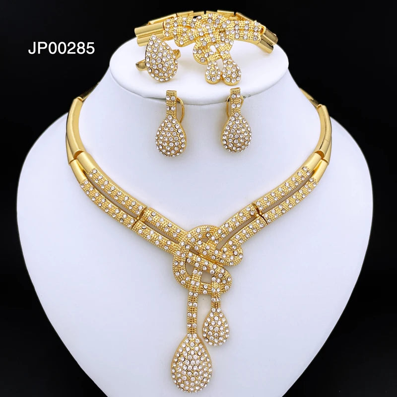 Dubai Gold Color Women Jewelry Sets Classic Design Necklace Earrings Charm Bracelet Ring Banquet Party Jewelry 18K Gold Plated (041)