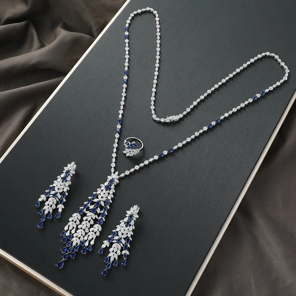 High Quality Tassel Jewelry Set for Women Luxury AAA Zircon Ring Necklace Earrings 3 Piece Set Suitable for Engagement Jewelry (054)