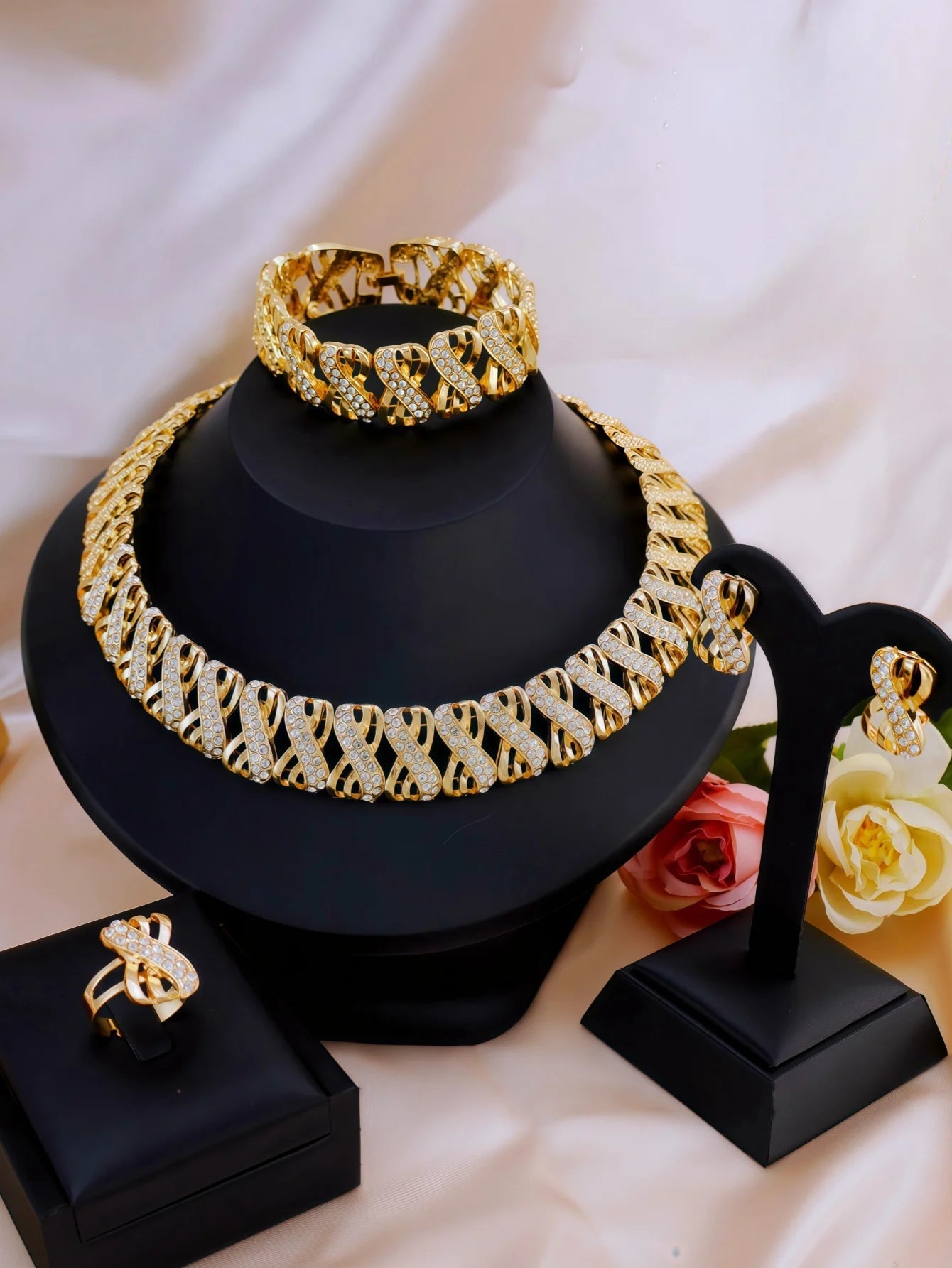 5 Piece Traditional Bridal Jewelry Set 18K Gold Plated Stylish Bow Infinity Design with Rhinestones to Match Your Everyday Outfi (127)