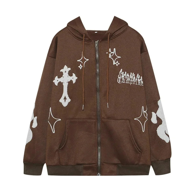 2024 Autumn/Winter Hooded Sweatshirt Embroidered Cross Fire Jacket Fleece-Lined Couple Loose-Fit Top Sweatshirt
