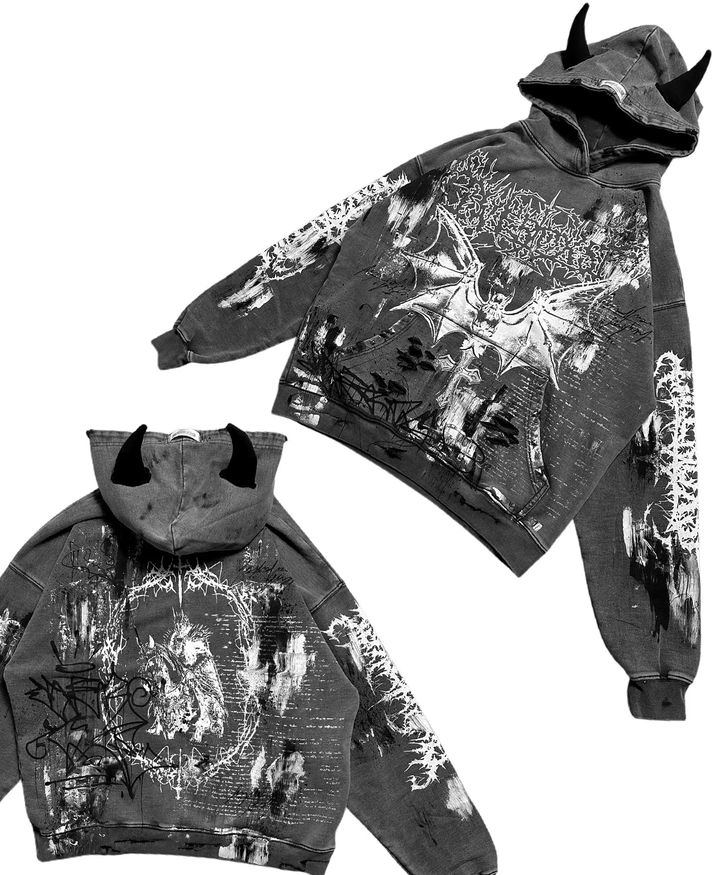 Overdxse Devil Horn Hoodie Gothic Street Clothing Oversized Pullover Unique Horn Design Avant-Garde Fashion Limited Edition