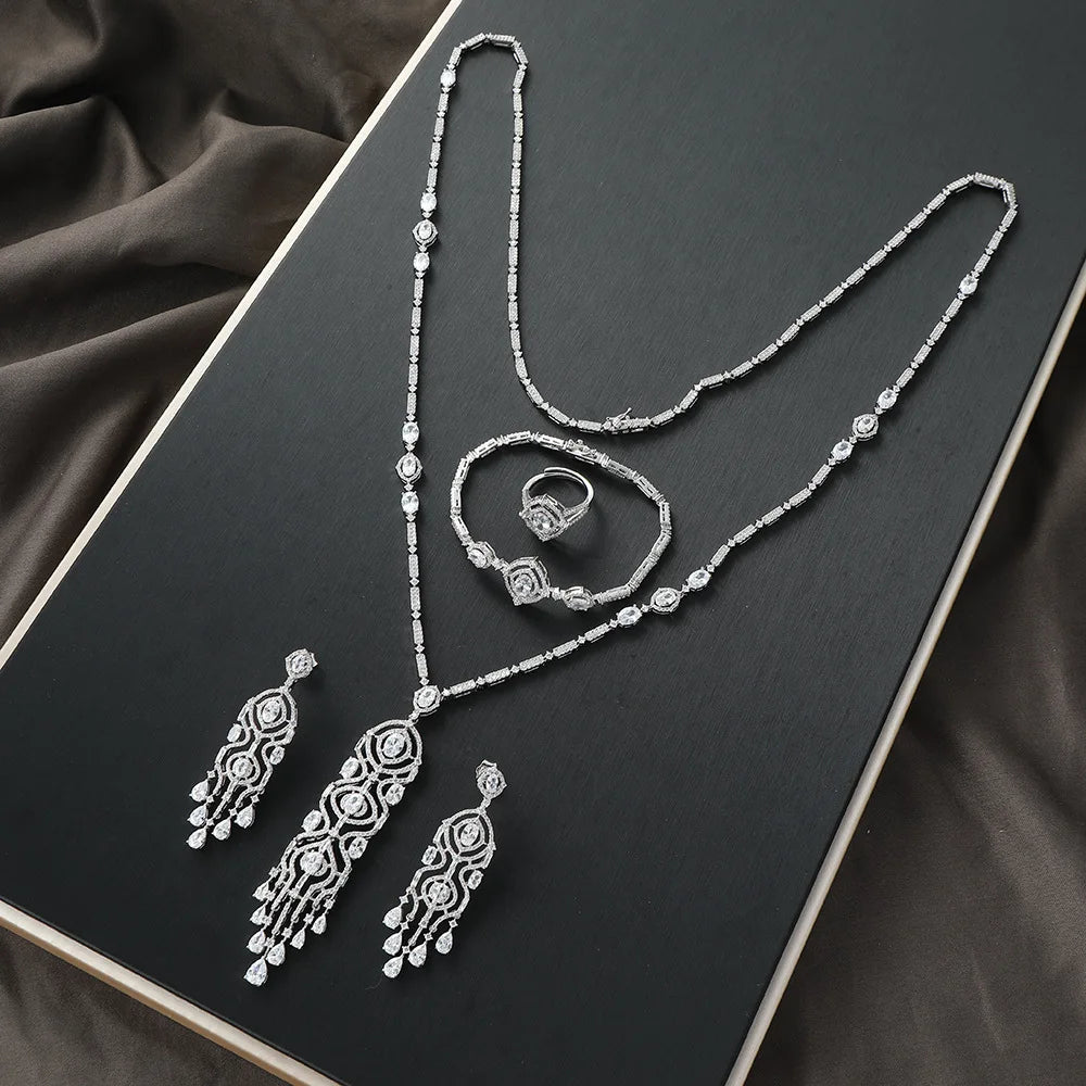 High Quality Tassel Jewelry Set for Women Luxury AAA Zircon Ring Necklace Earrings 3 Piece Set Suitable for Engagement Jewelry (054)