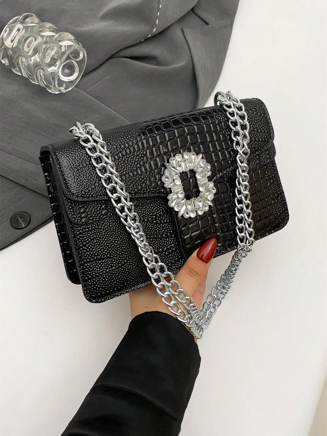 Crocodile Embossed Shoulder Bags for Women Flap PU Leather Fashion Rhinestone Decor Small Square Crossbody Bag Designer Handbag (016)
