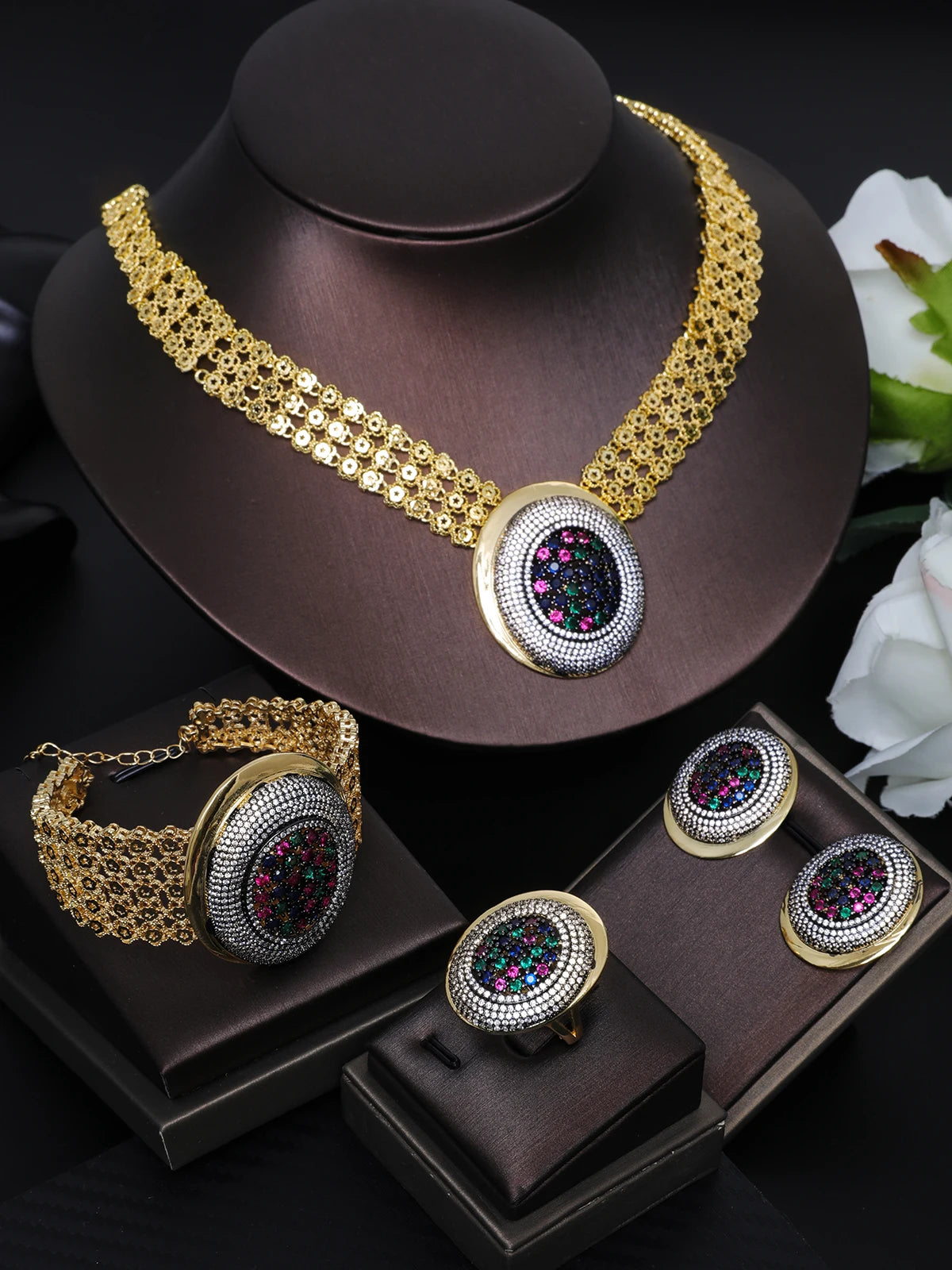 HY Gold-Plated Zircon 4 Bridal Necklaces, Earrings, Bracelets, Rings, Super Stylish Dubai Libya Hot Item