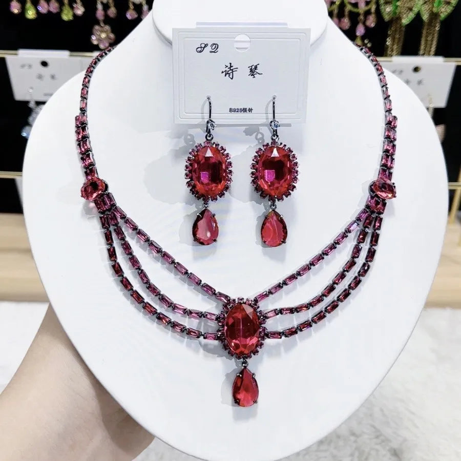 Women Colorful Fashion Zircon Necklace Earrings 2024 (89)