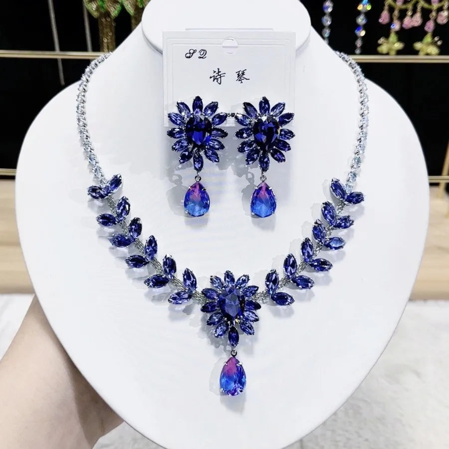 Women Colorful Fashion Zircon Necklace Earrings 2024 (89)