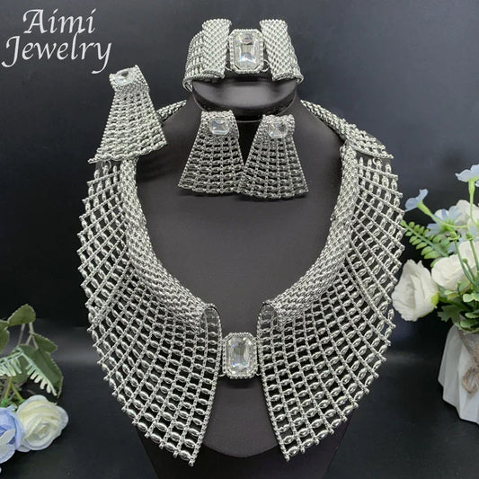 Retro Gemstone Necklace Earrings Bracelet Ring Rhinestone Silver Plated Jewelry Set for Women African Bridal Wedding Party Gifts (143)