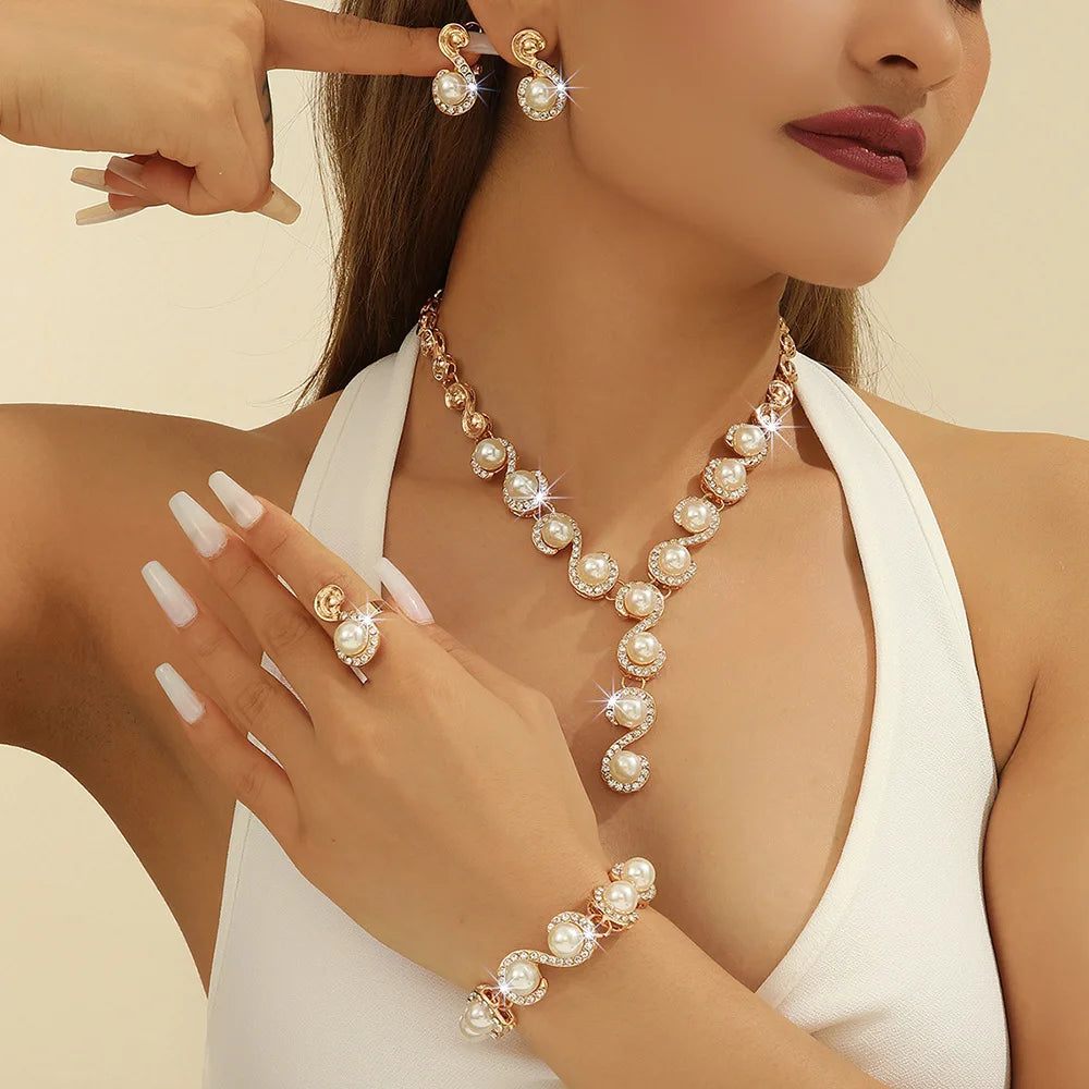 5 PCS Women'S Metal Jewelry Set Pearl Necklace Earring Bracelet Set Holiday Party Jewelry Bridal Wedding Jewelry (129)