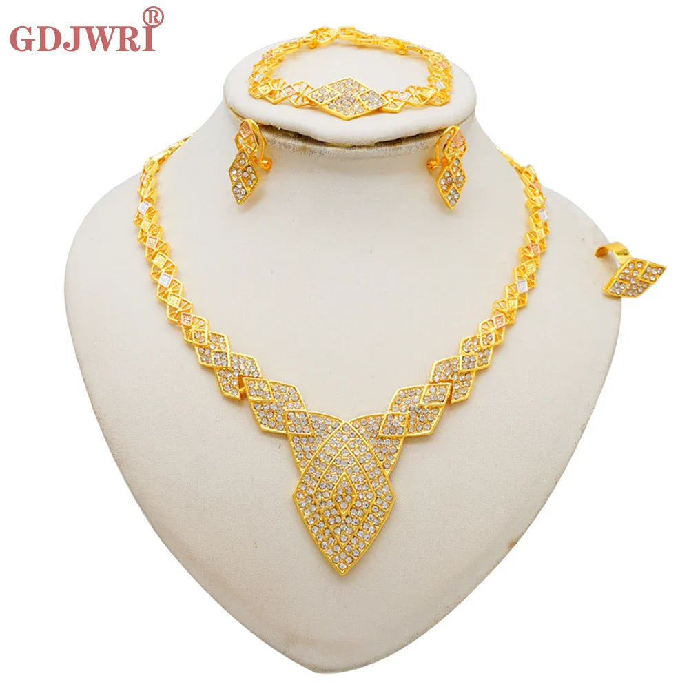 Luxury Big Necklace for Women Dubai Gold Color Plated Jewelry Set Original Earrings Ring Bracelet Wedding Costumes Jewellery (149)