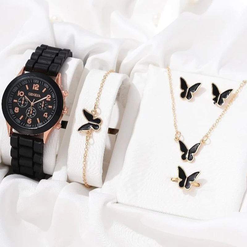 5/6PCS Luxury Watch Women Ring Necklace Earrings Bracelet Set Fashion Heart Butterfly Jewelry Ladies Quartz Wristwatch (137)