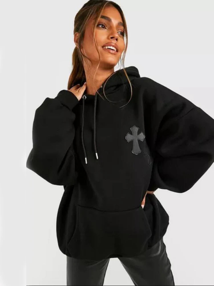 Cross Rhinestones Zip Women Hoodie Y2K PU Cross Applique Oversized Hoodies