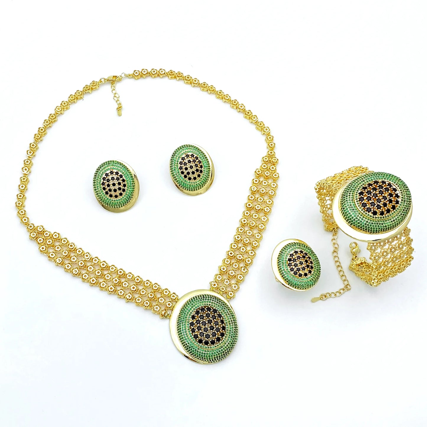 HY Gold-Plated Zirconia 4-Piece Bridal Necklace, Earrings, Bracelet, Ring, Ultra-Fashionable Libyan Dubai Bridal Jewelry Set (091)