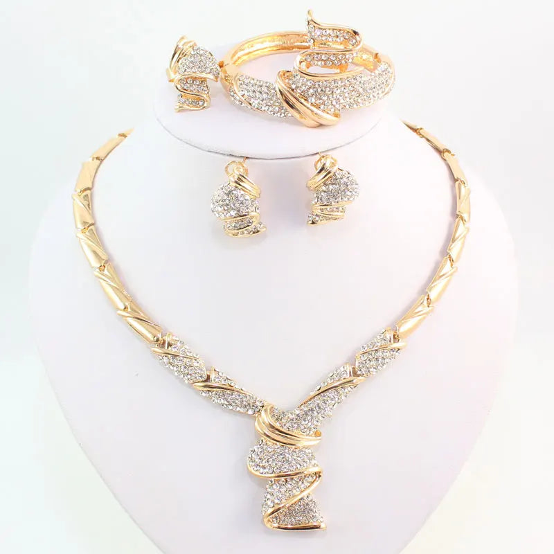 Wholesale Fashion Gold Color Alloy Rhinestone Wedding Jewelry Sets Necklace Bracelet Ring Earrings for Women Bridal (047)