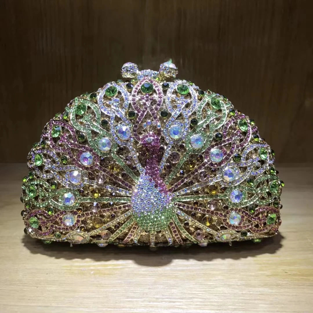 Woman Peacock Hollow Crystal Evening Bag Multicolored Diamond Bridal Animal Clutch Purse Wedding Cocktail Party Handbag