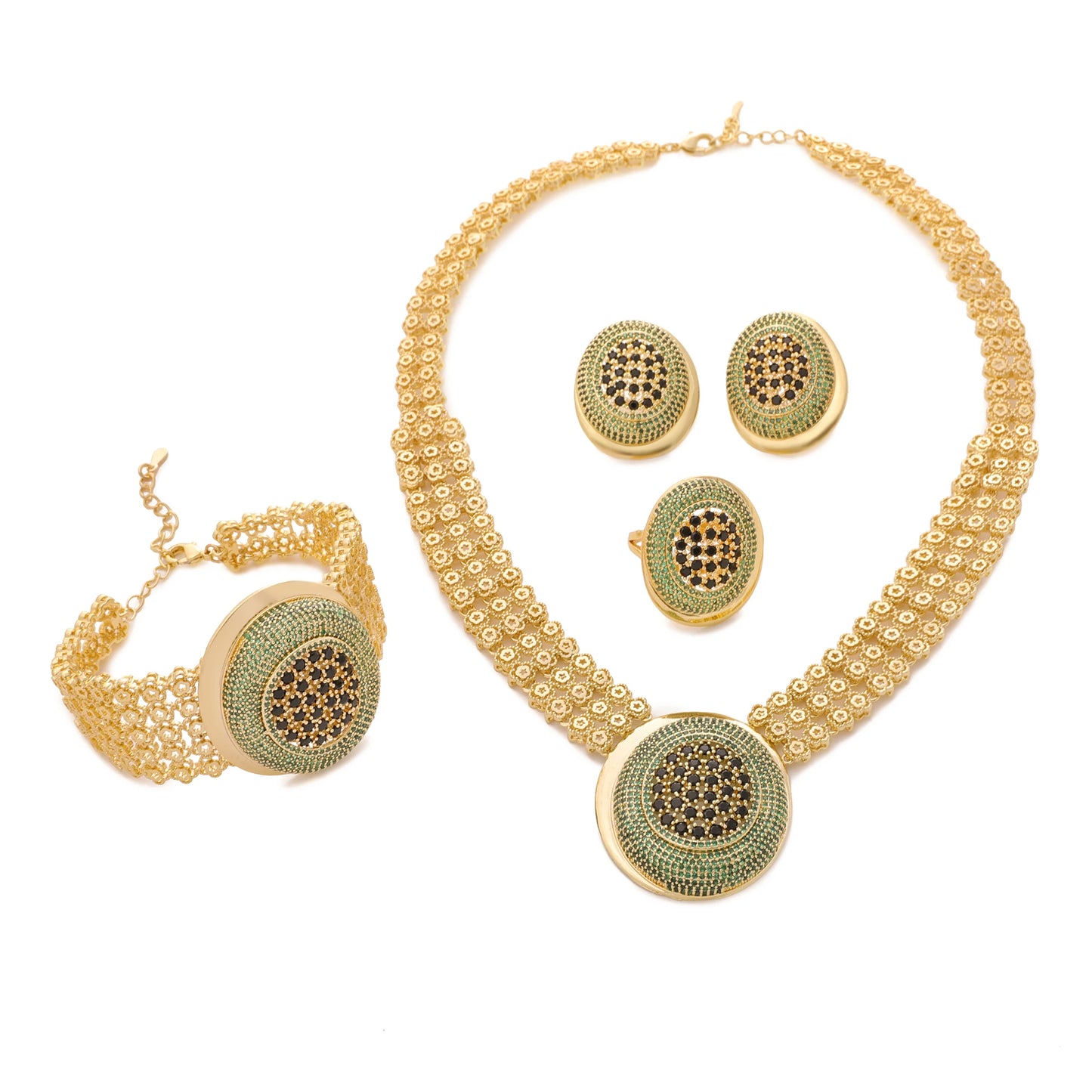 HY Gold-Plated Zirconia 4-Piece Bridal Necklace, Earrings, Bracelet, Ring, Ultra-Fashionable Libyan Dubai Bridal Jewelry Set (091)