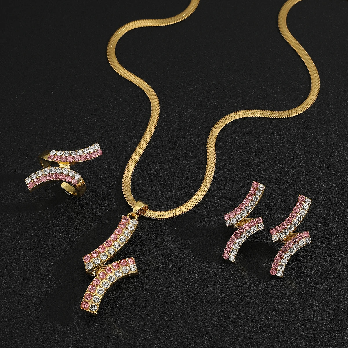 High Quality Geometric Zircon Micropaved Pendant Necklace Earrings Ring3 Pcs Set for Women Party Wedding Sparkle Jewelry (085)