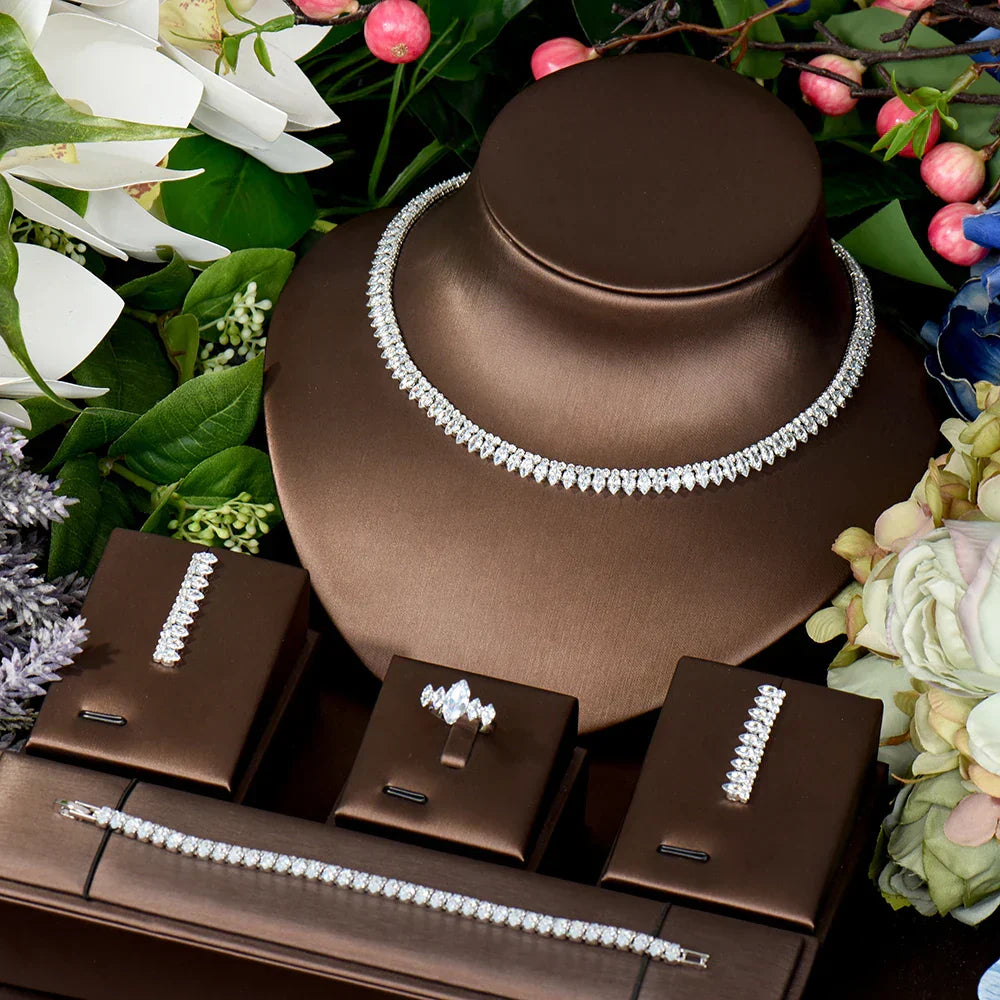 High Quality Cubic Zirconia Bridal Jewelry Sets Fashion Water Drop Necklace Lady Pendant 4Piece Set Wedding Party N-1464 (106)