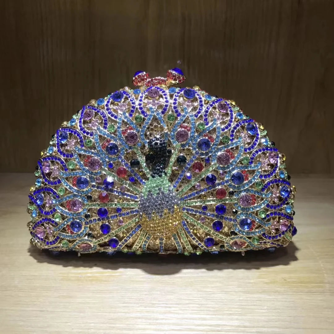 Woman Peacock Hollow Crystal Evening Bag Multicolored Diamond Bridal Animal Clutch Purse Wedding Cocktail Party Handbag