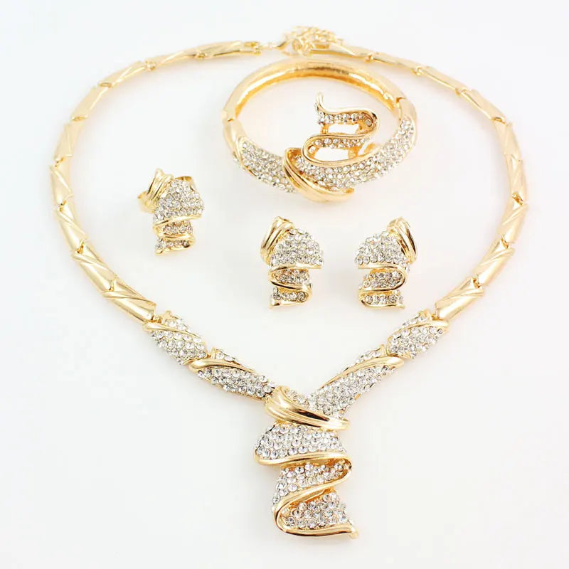 Wholesale Fashion Gold Color Alloy Rhinestone Wedding Jewelry Sets Necklace Bracelet Ring Earrings for Women Bridal (047)