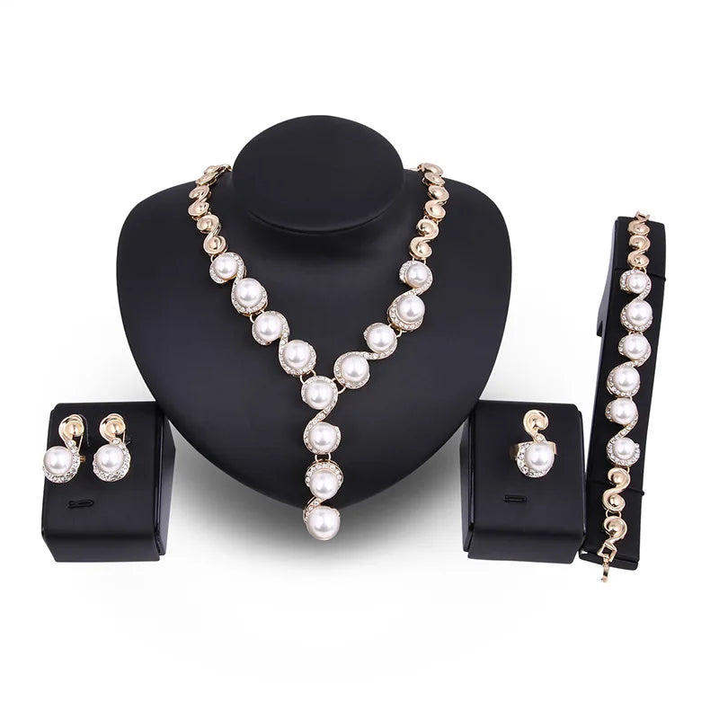 5 PCS Women'S Metal Jewelry Set Pearl Necklace Earring Bracelet Set Holiday Party Jewelry Bridal Wedding Jewelry (129)