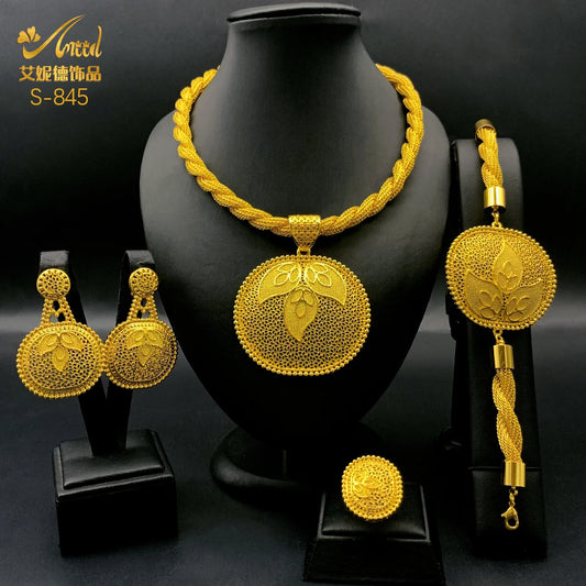 Luxury Dubai 24K Gold Color Jewelry Set for Women Ethiopian Indian Bridal Irregular Necklace and Earrings Sets Wedding Gifts (117)