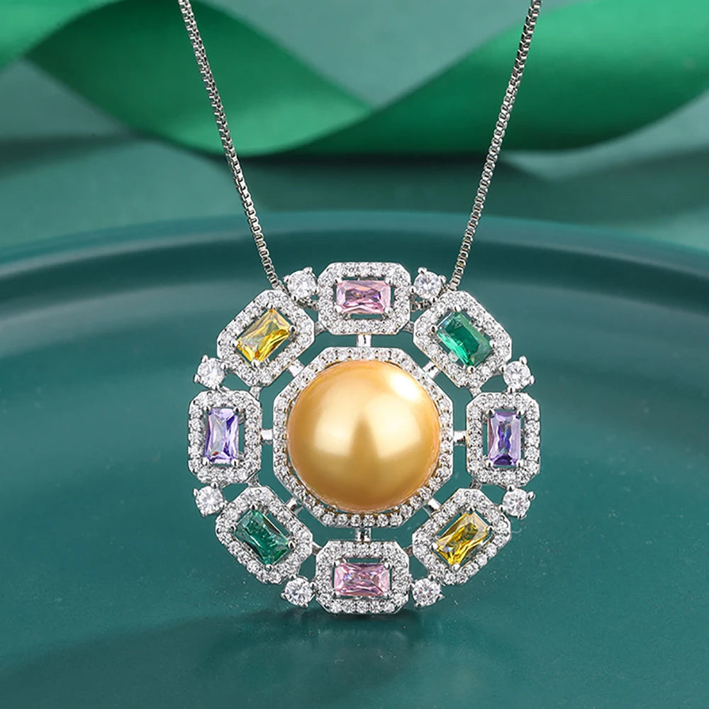 Luxury 14Mm White Gold Big Pearl Gemstone Pendant Necklace for Women High Carbon Diamonds Party Fine Jewelry Anniversary Gifts (086)