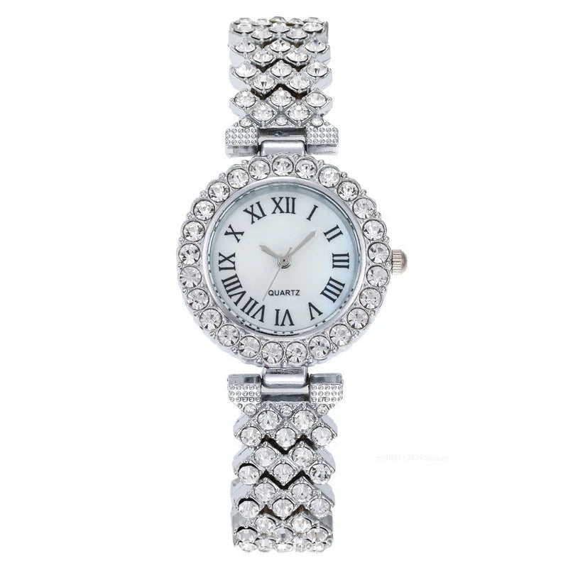 5Pcs Women Rhinestone Watch Fashion Ladies Quartz Wristwatch with Bracelet Necklace Wedding Jewelry for Gift (119)