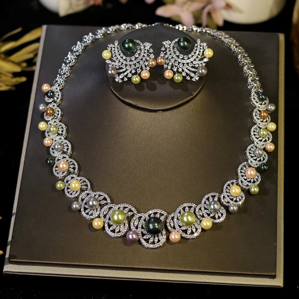 White Cubic Zirconia Luxury Choker Heptacolor Big Pearl Necklace Wedding Bridal Party Jewelry Sets for Women X0538 (058)