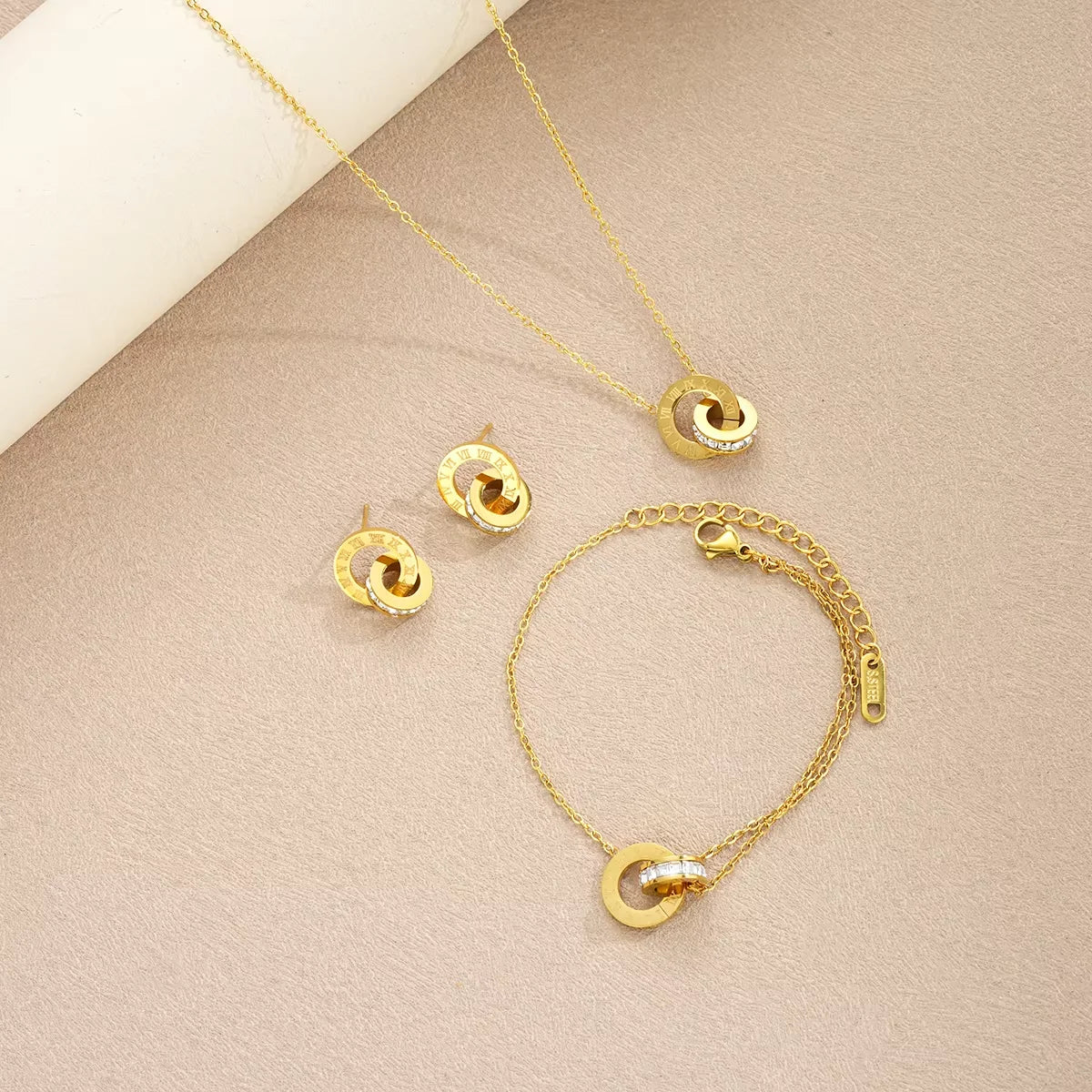 4Pcs/Set Stainless Steel Crystal Necklace Bracelet Earrings for Women Gold Color Interlocking Circles Roman Numbers Jewelry Sets (139)